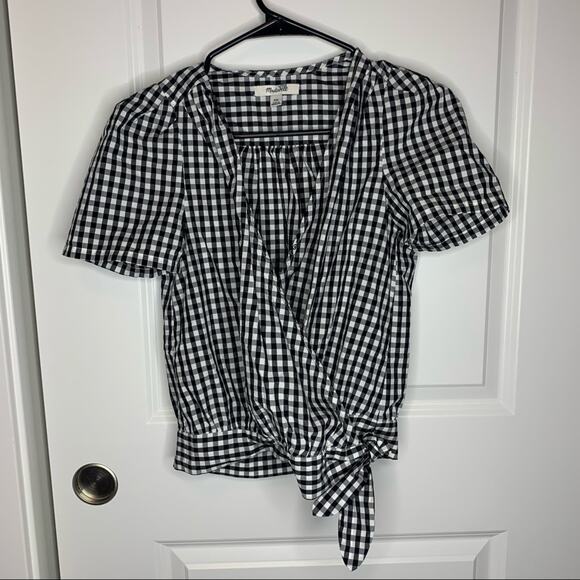 Madewell Surplice Black & White Gingham Short Sleeve Wrap Tie Top Size XXS - Picture 2 of 8